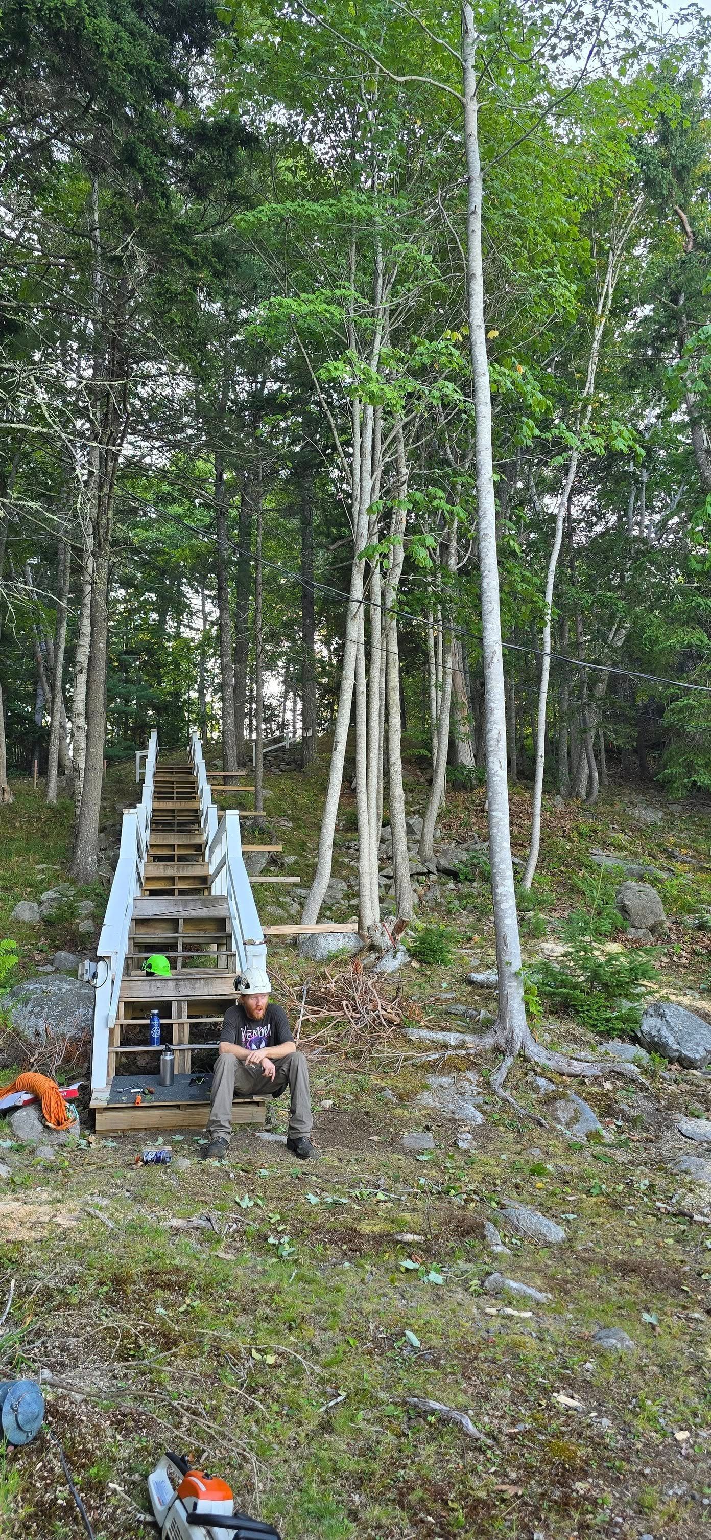 Person sitting on wooden stairs in a forest, chainsaw at the bottom, trees behind.