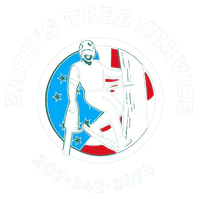 Logo for “Roger’s Tree Service”: A tree worker climbing a tree with an American flag background and phone number.