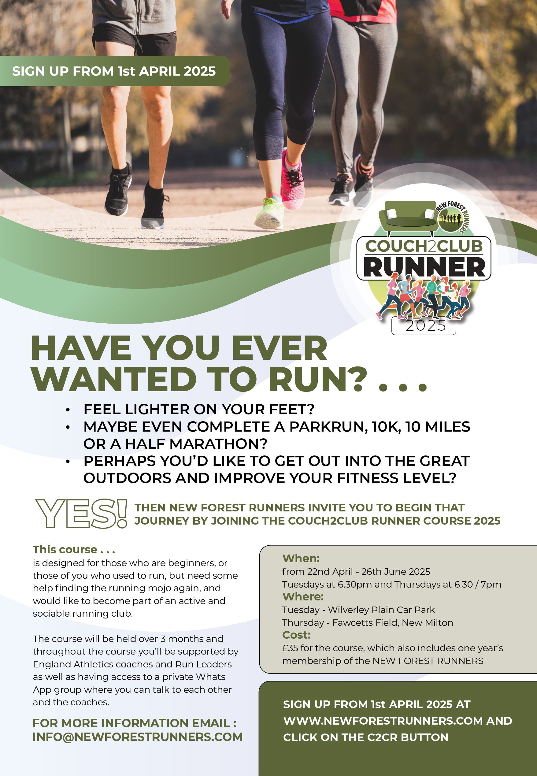Advertisement for a running club. Three people run on a path. Text: 