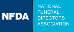 NFDA logo with white letters on a dark blue panel beside National Funeral Directors Association on teal