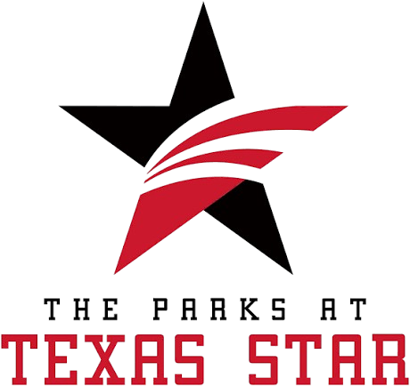 Texas Star logo with black star and red swoosh, text reading &ldquo;THE PARKS AT TEXAS STAR&rdquo;