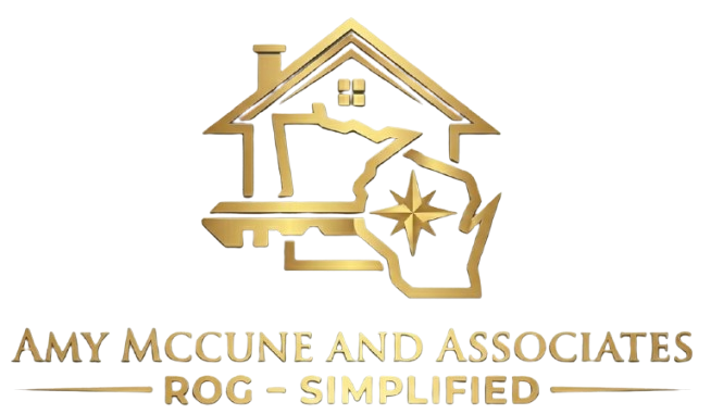 Gold logo for Amy McCune and Associates featuring a house outline, a key, and a map of Wisconsin with a compass star.