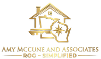 Gold logo for Amy McCune and Associates featuring a house outline, a key, and a map of Wisconsin with a compass star.