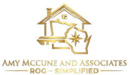 Gold logo for Amy McCune and Associates featuring a house outline, a key, and a map of Wisconsin with a compass star.