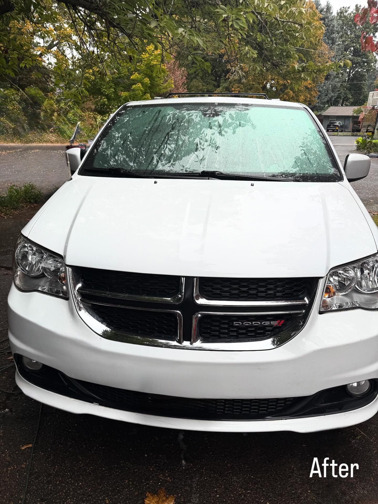 Front view of a white car with a damaged hood and grille, parked outdoors on a rainy day.