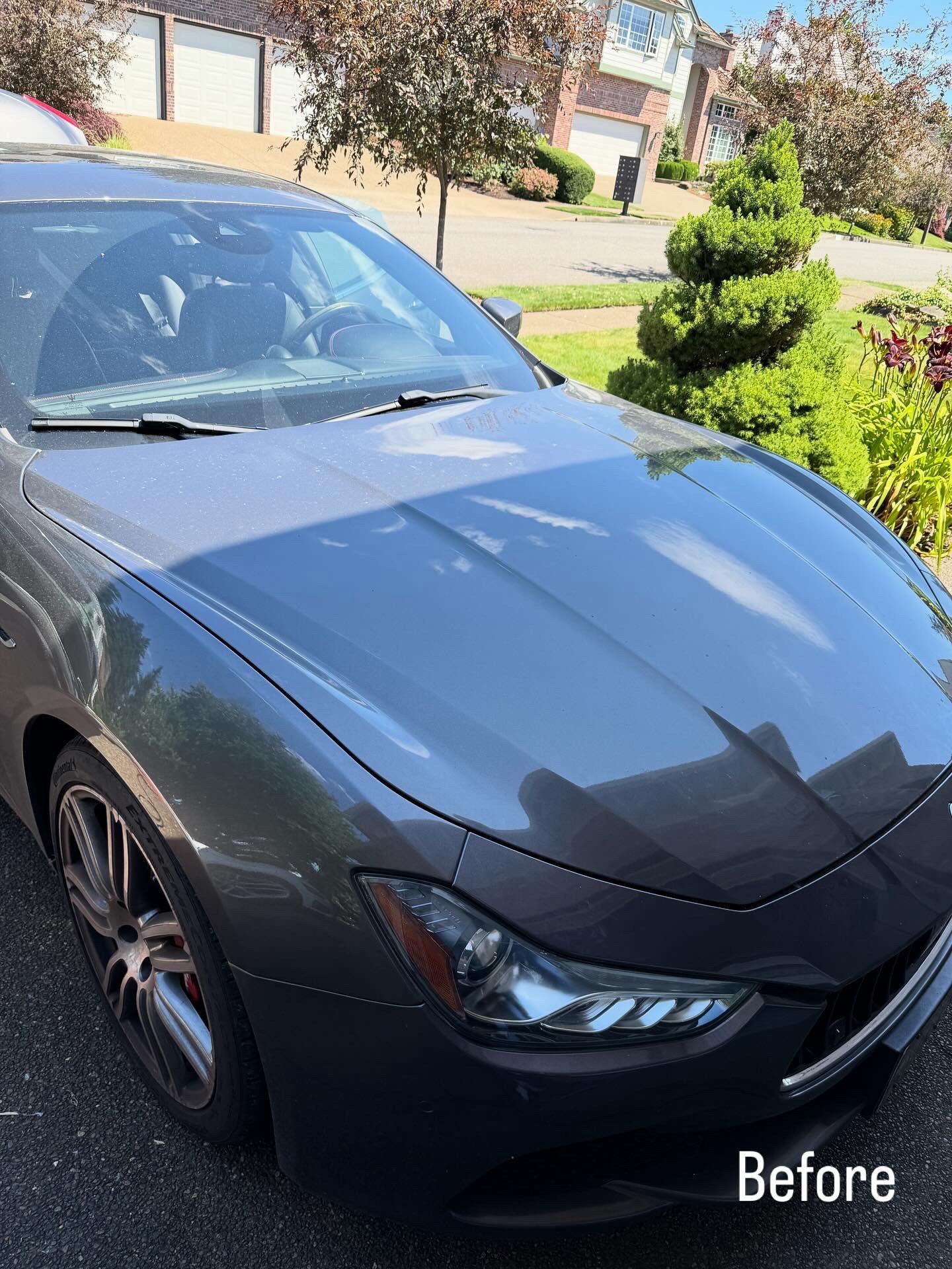 Dark gray car parked in a sunny suburban driveway, front view.