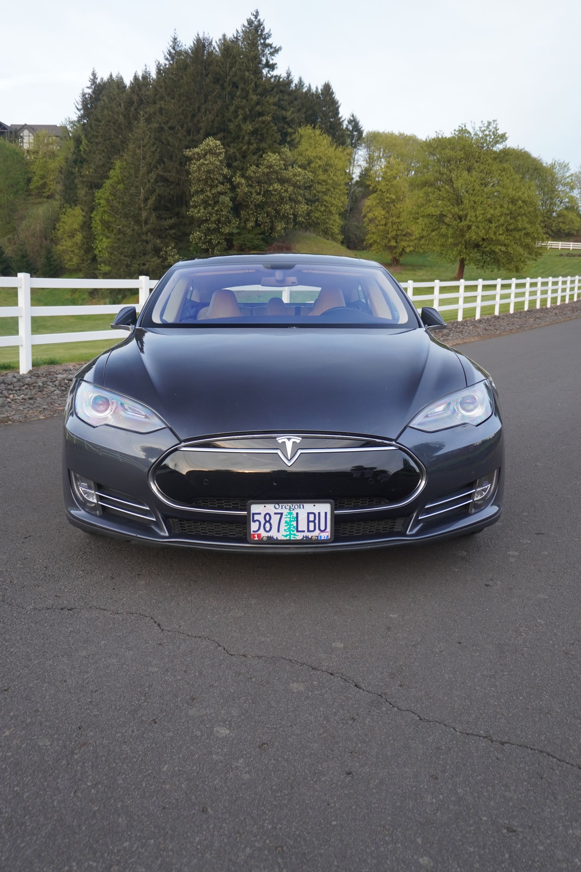 Black Tesla parked on a road beside white fences and green trees