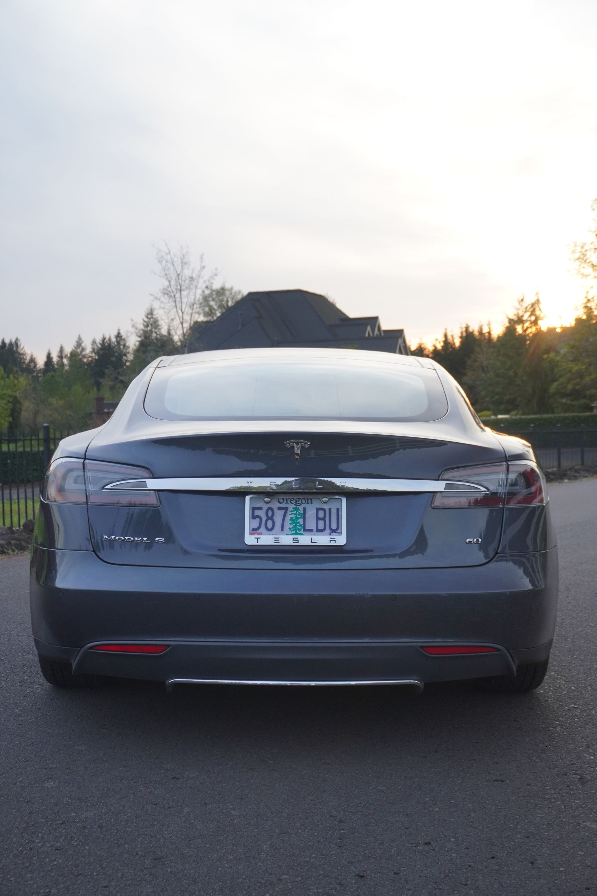 Rear view of a gray Tesla sedan parked on a road at dusk, with trees and sky in the background.
