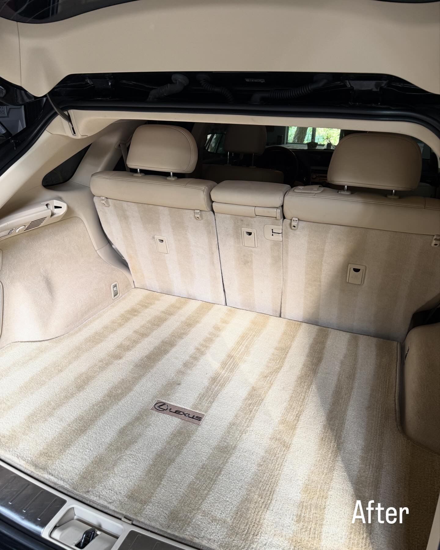 Beige car cargo area with folded rear seats and striped floor mat, labeled “After”