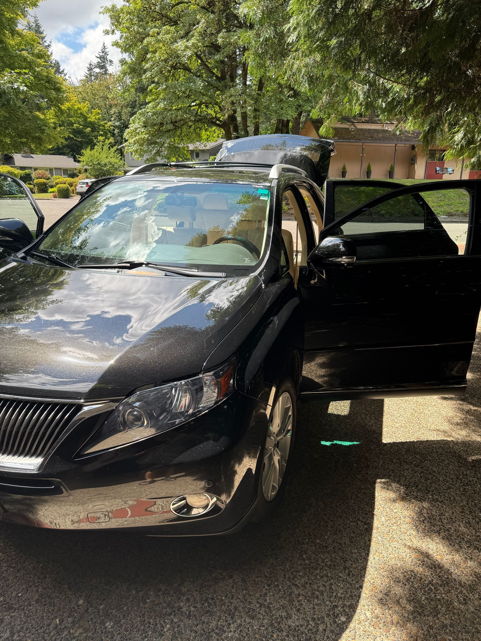 Black sedan parked outdoors with the driver's door open on a sunny day