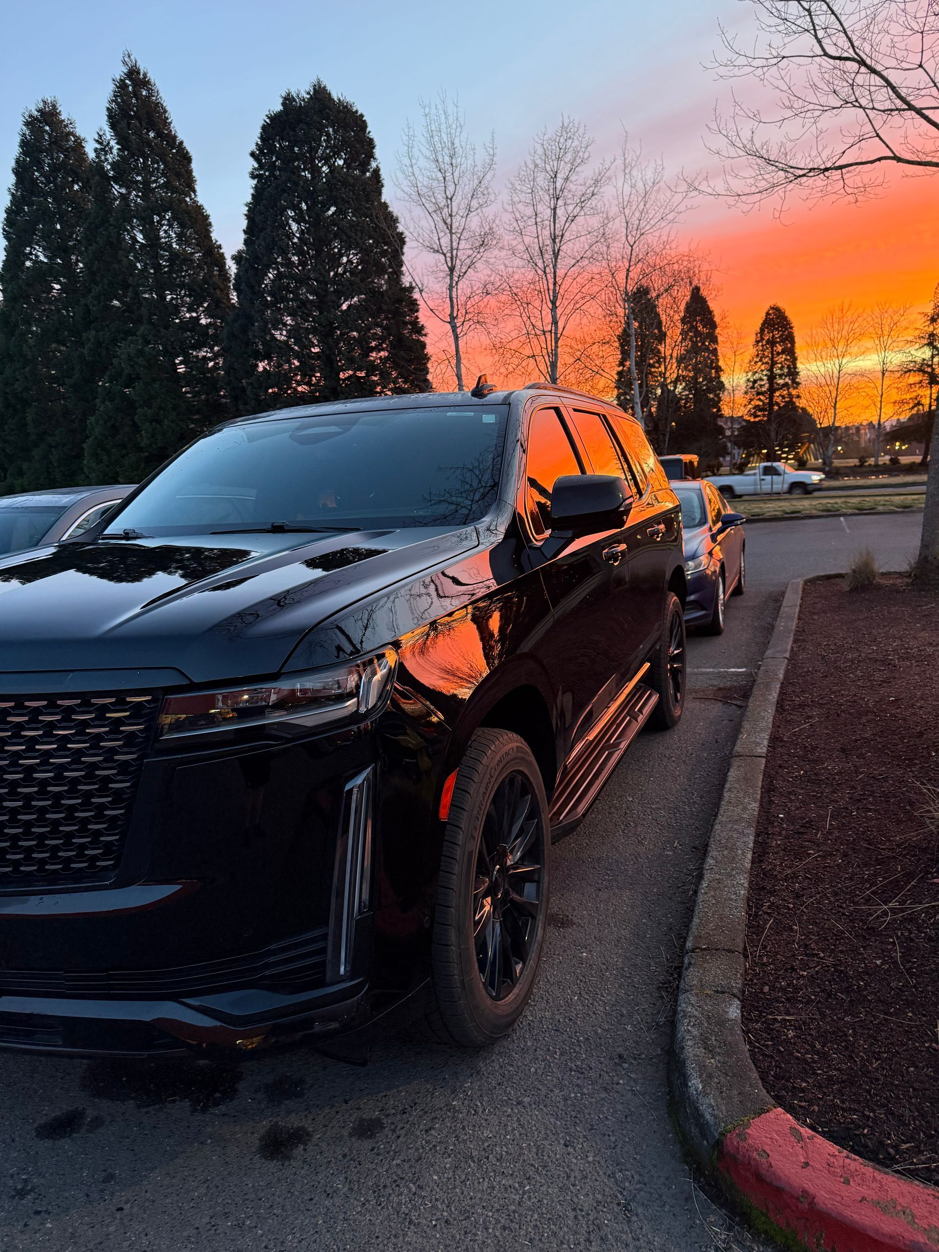 Black SUV parked at sunset with orange sky, trees, and curb in the background.