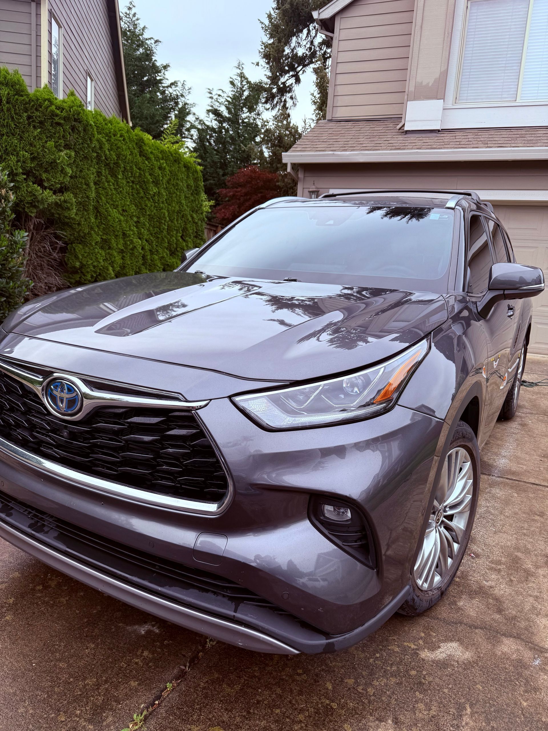 Gray Toyota SUV parked in a driveway beside a house and hedge