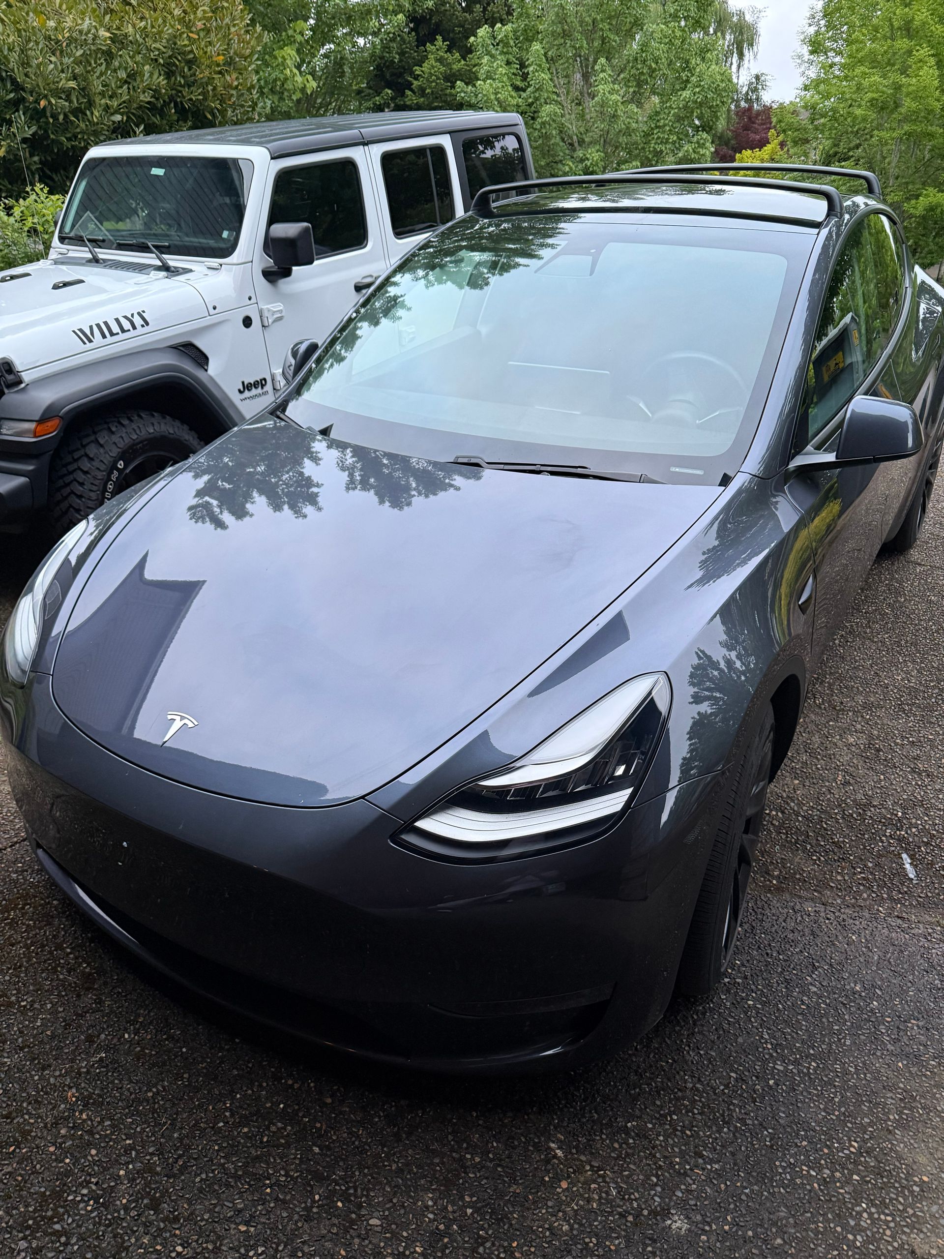 Black Tesla parked outdoors beside a white Jeep in a leafy driveway