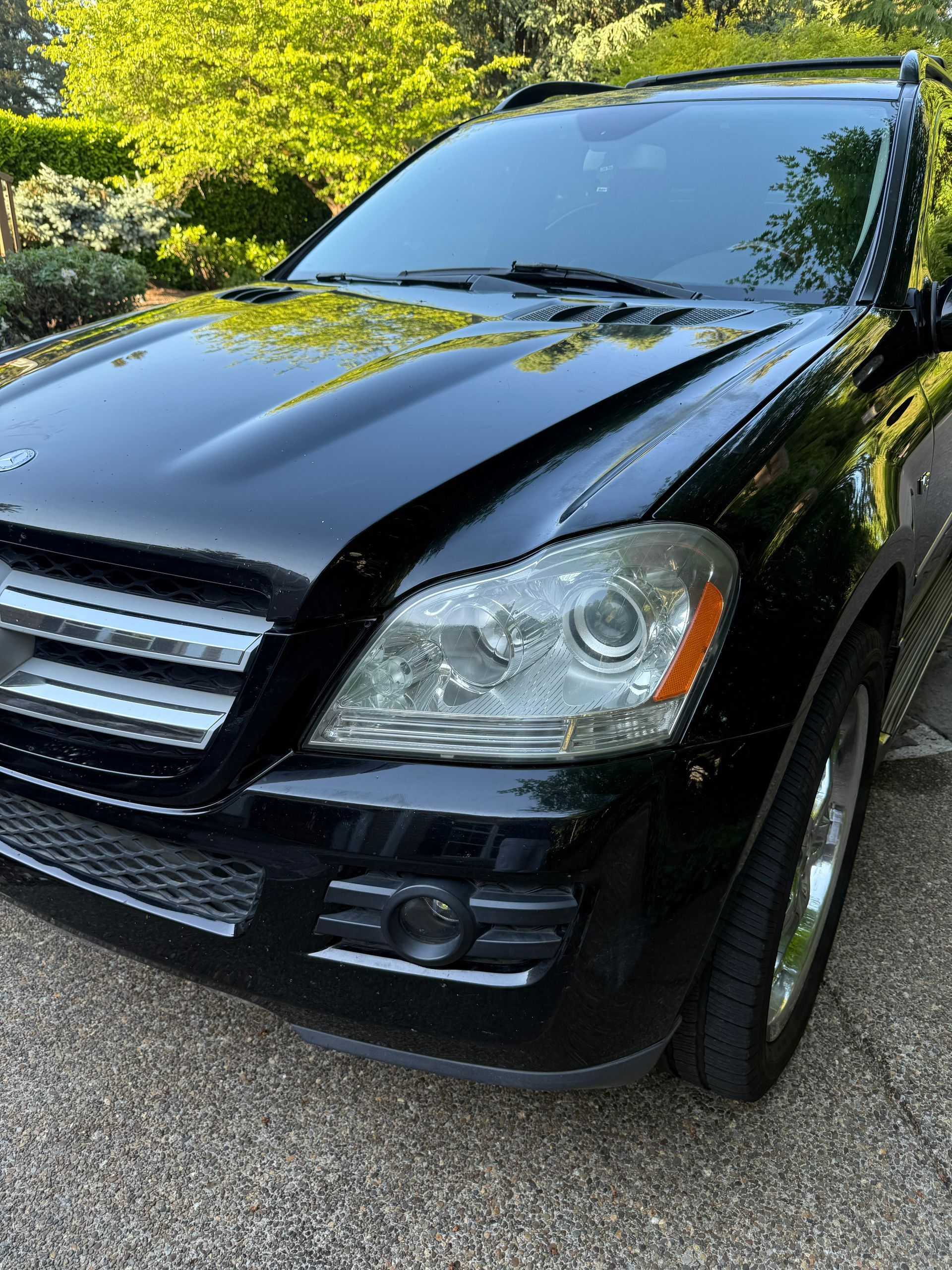 Black SUV parked on a driveway with trees reflected in the hood and windshield