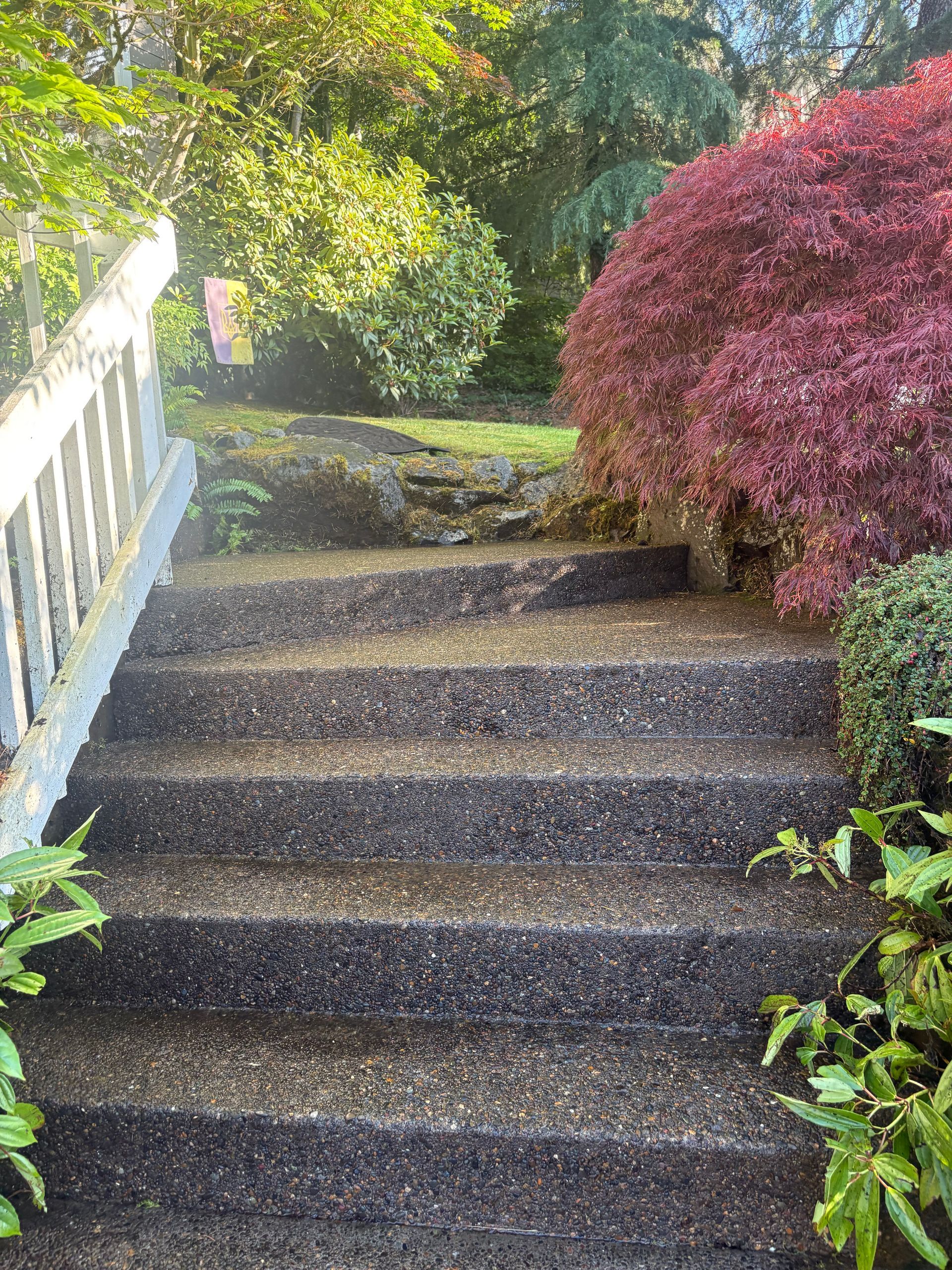 Stone garden steps beside a white railing, bordered by green and red shrubs in sunlight