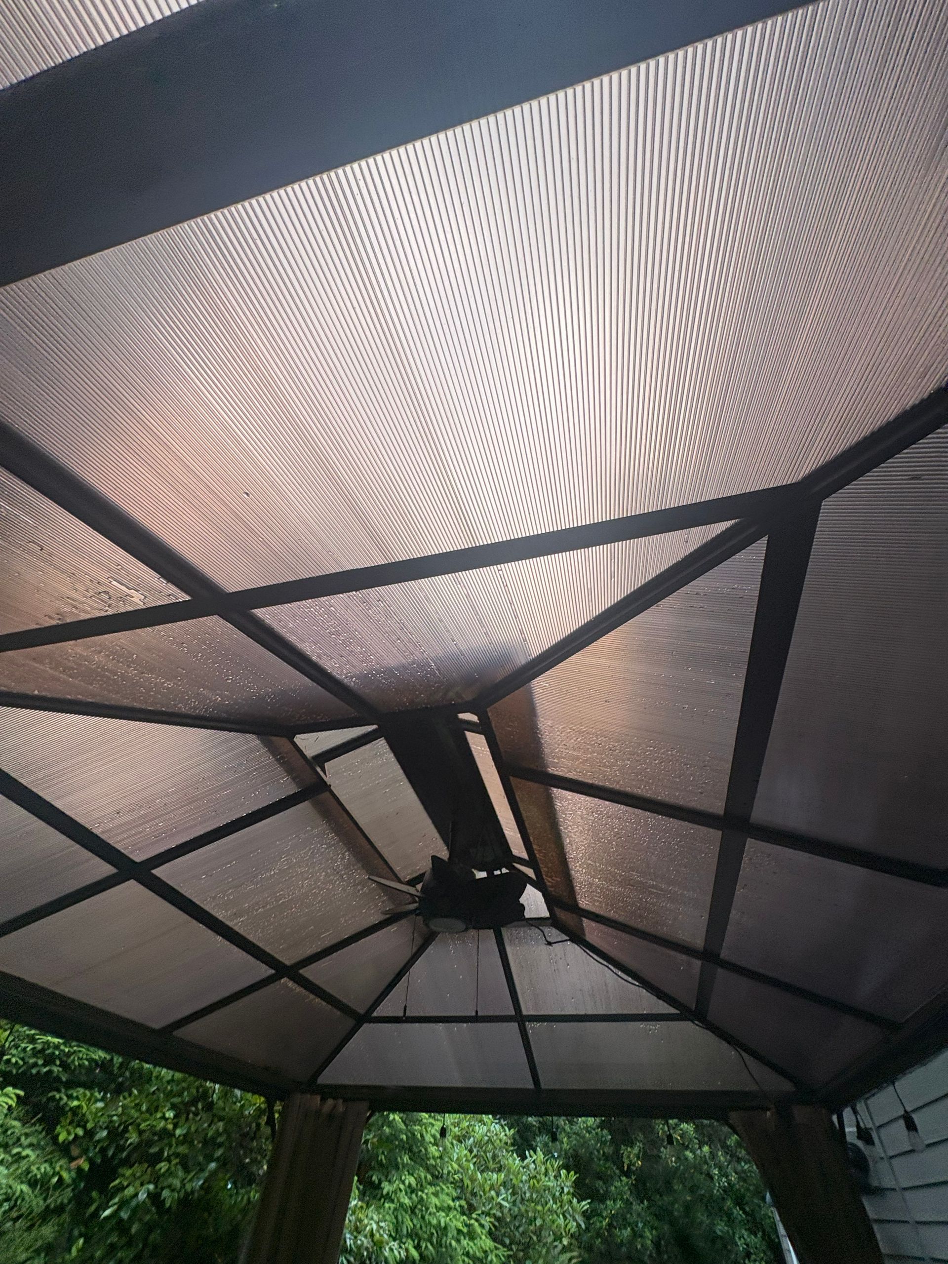 Mesh canopy roof with metal frame viewed from below, with trees visible around the edges