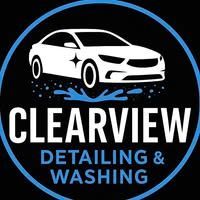 Clearview Detailing & Washing logo with white car on black background and blue ring