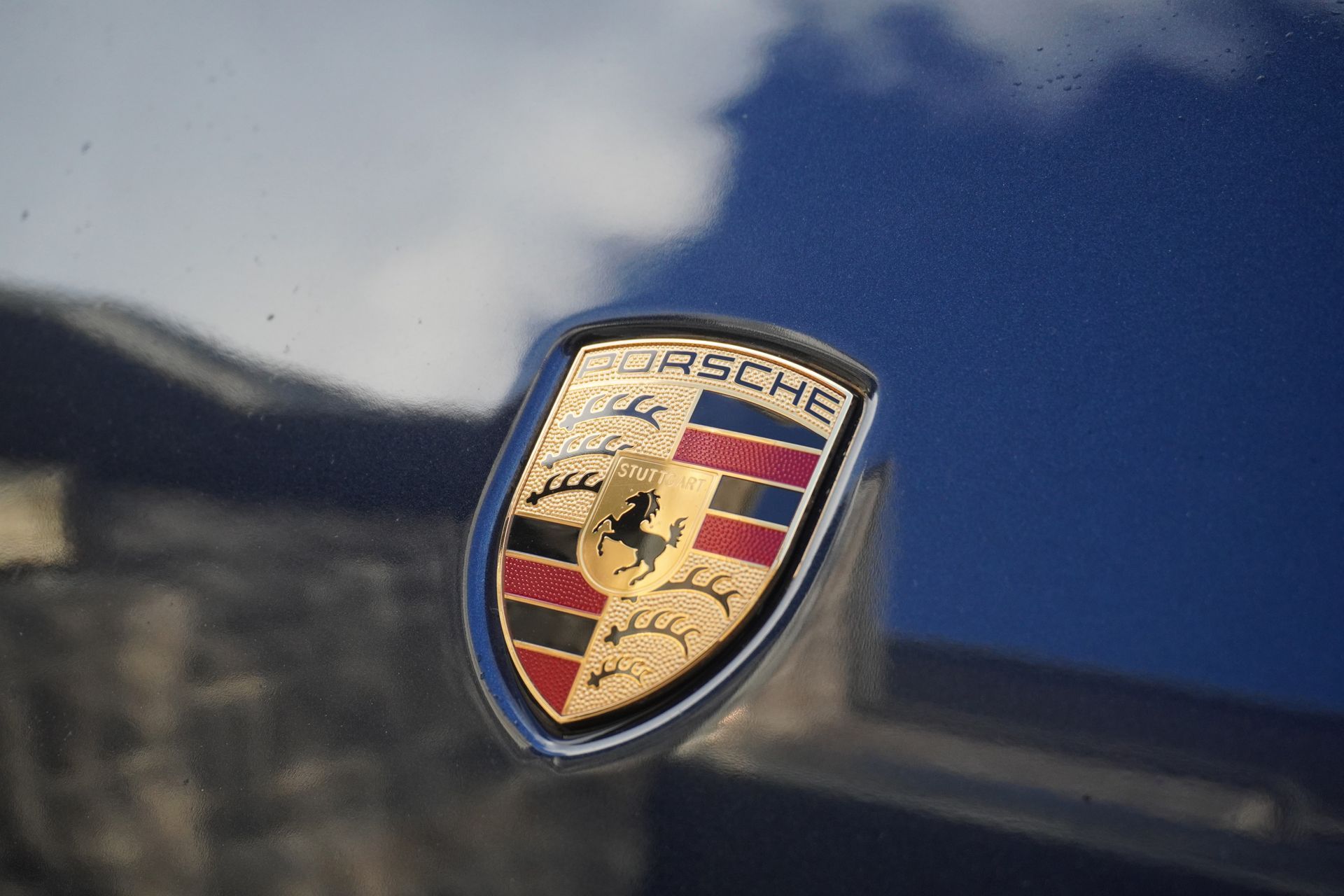 Close-up of a gold Porsche crest on a blue car hood