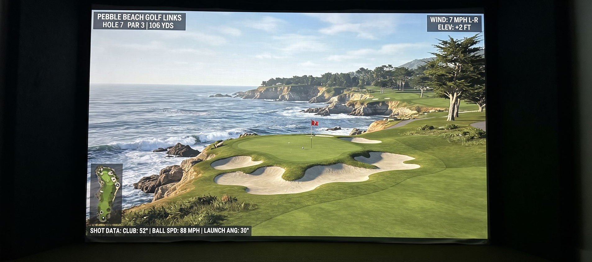 about Golf simulator screen showing world-famous golf course