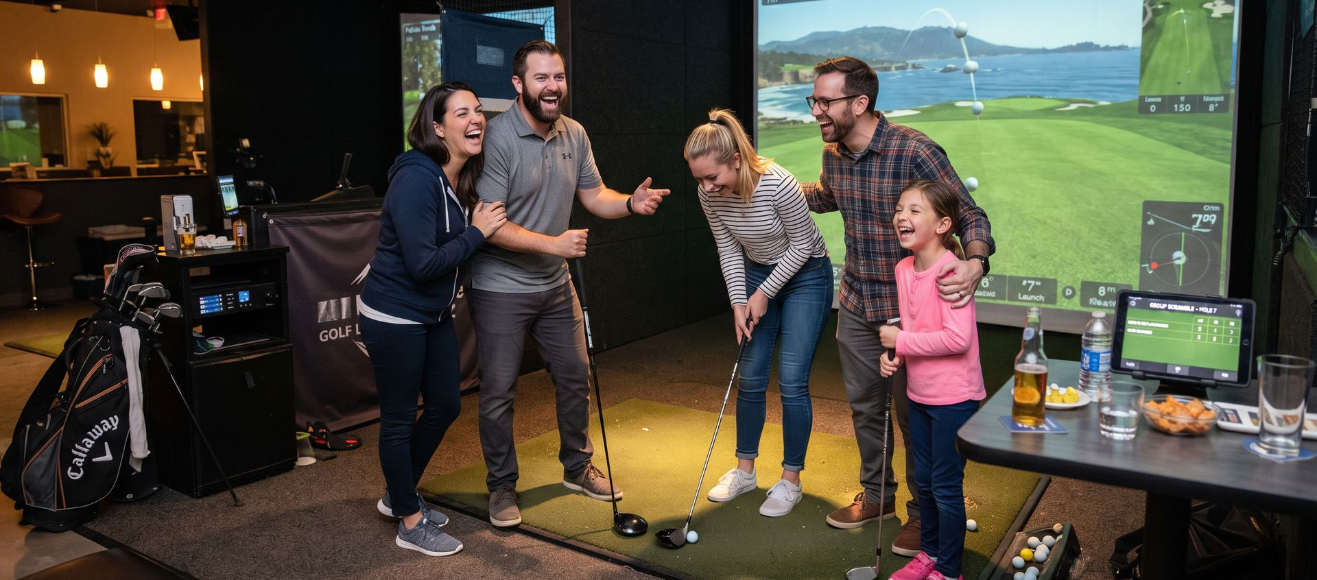 Family enjoying indoor golf simulator session