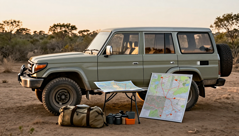Land Cruiser at a bush campsite with route map and camping gear