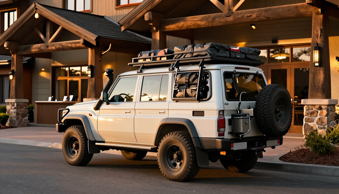 Loaded 4x4 parked at a lodge reception at golden hour