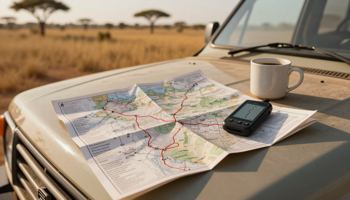 Route map spread on a vehicle bonnet with coffee mug and GPS unit