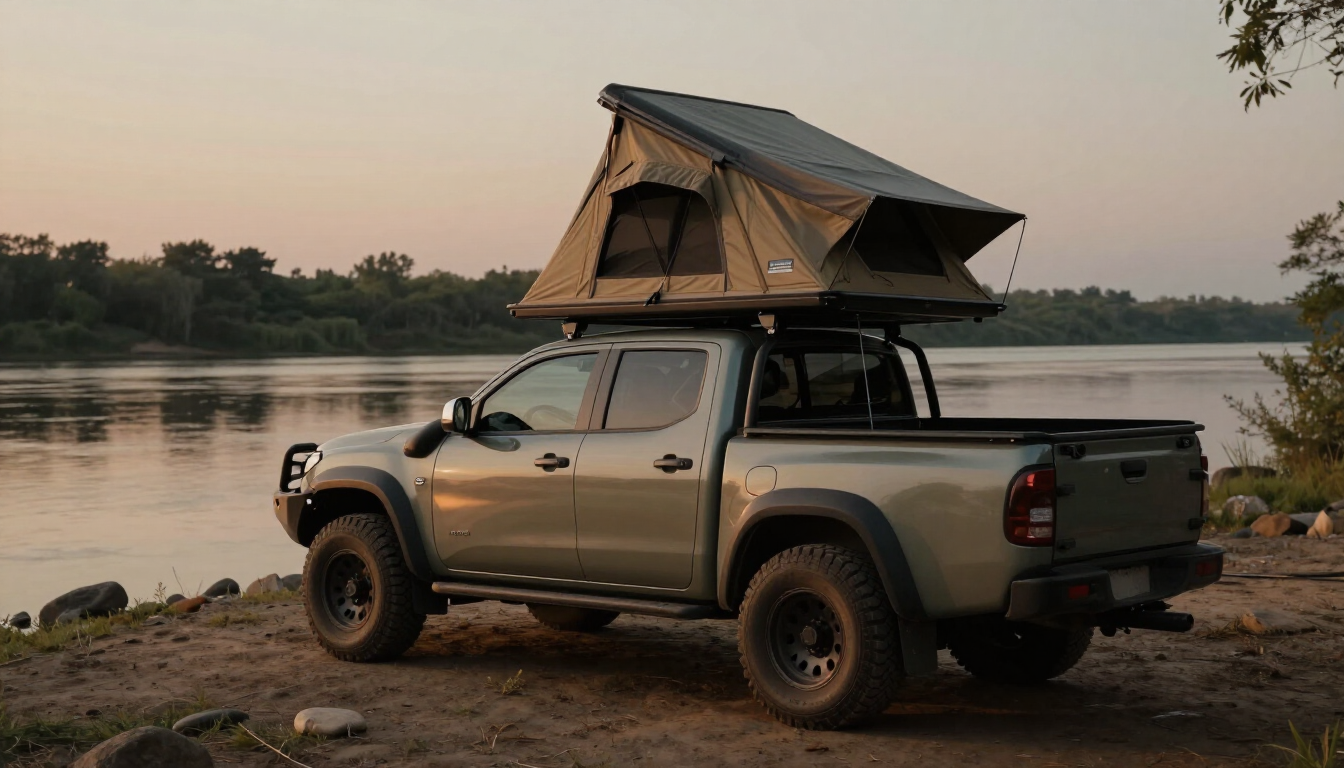 Double-cab 4x4 with roof tent at a riverside campsite at dusk