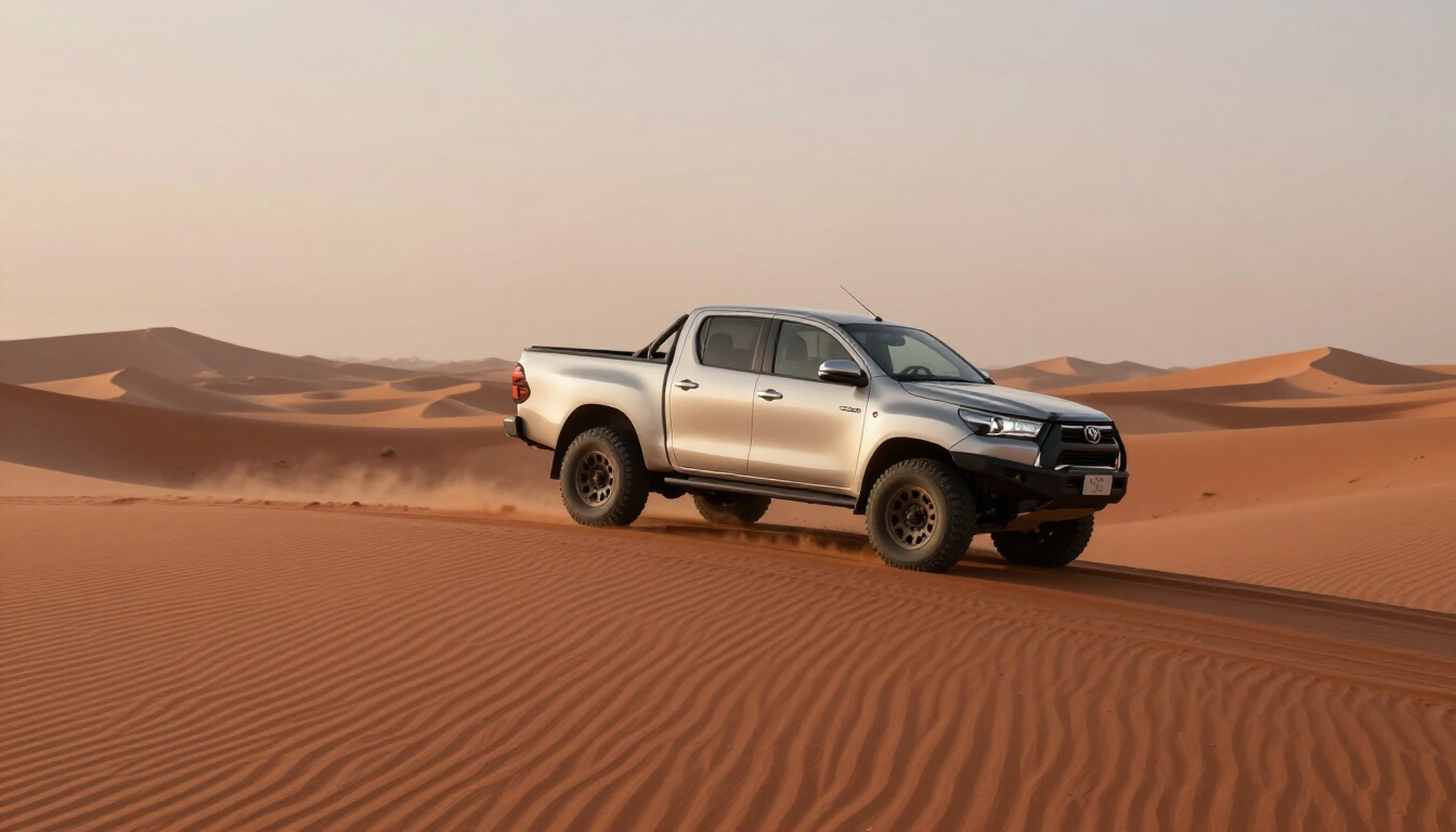 Modified Hilux crossing a red dune ridge