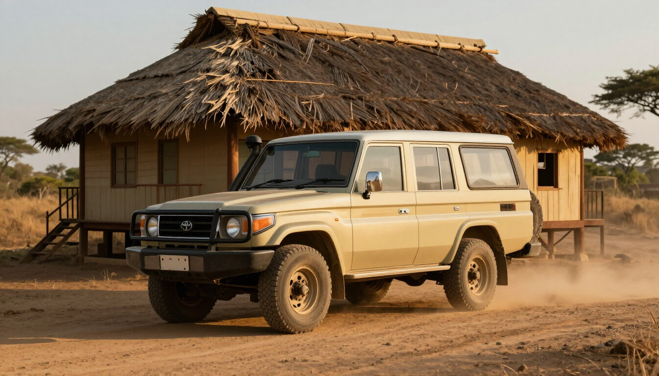 Land Cruiser beside a thatched safari lodge at golden hour