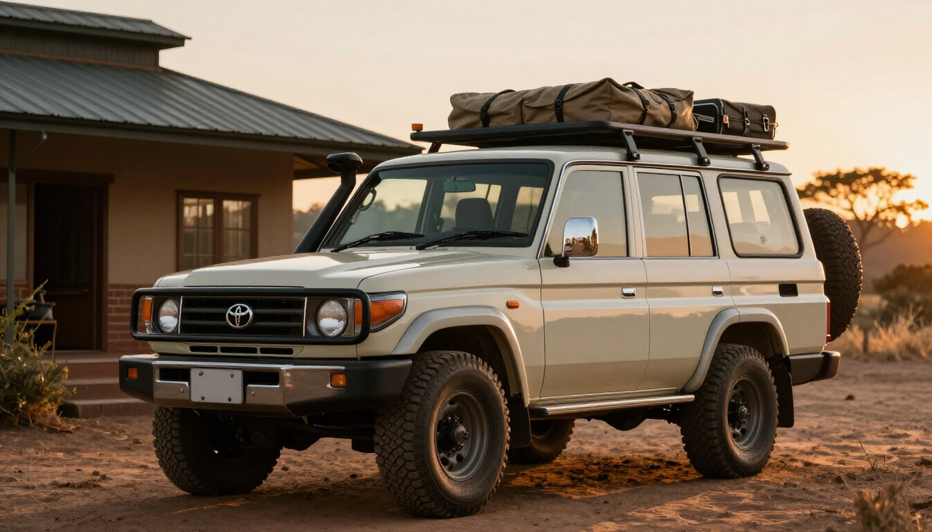 Toyota Land Cruiser 300 at sunset outside a safari lodge