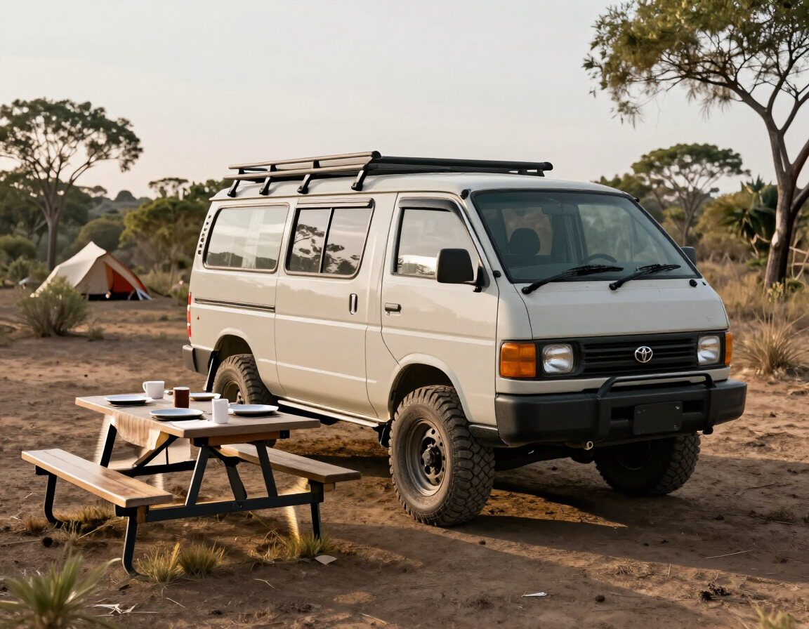 4x4-converted Quantum at a bush camp with a picnic table