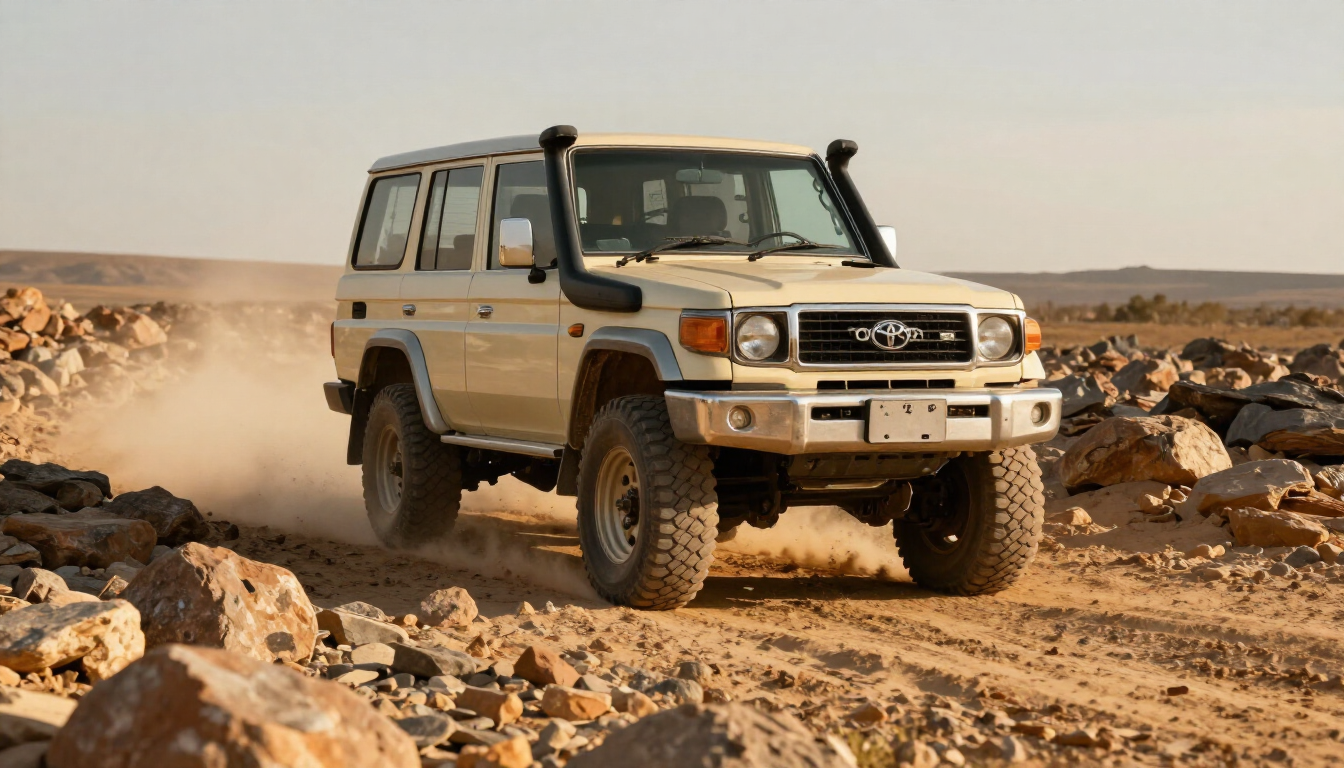 Land Cruiser 4x4 on an off-road trail at golden hour