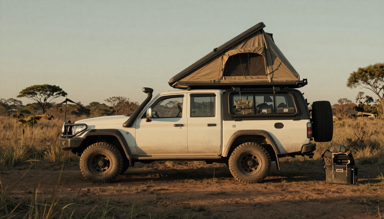 Toyota Hilux double cab with rooftop tent at a bush campsite