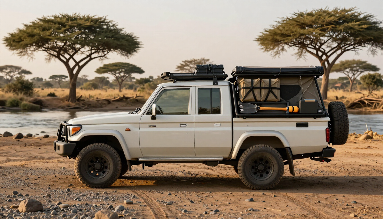 Land Cruiser BJ79 double cab beside a dry riverbed