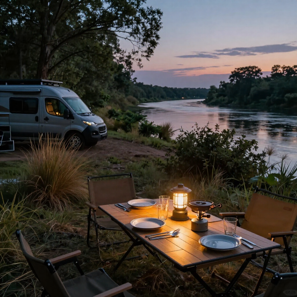Camp table at dusk at a riverside bush campsite
