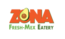 Zona Fresh-Mex Eatery logo with orange text and an avocado graphic; green and brown accents.