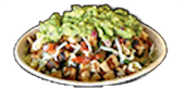 A bowl filled with a variety of ingredients, including guacamole, shredded cheese, and diced components.