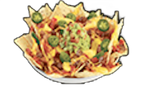Nachos loaded with cheese, guacamole, and jalapeños in a white bowl.