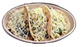 Two tacos topped with shredded cheese on a light-colored plate, set against a dark background.