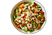 Salad bowl with mixed greens, tomatoes, chicken, and other colorful ingredients.