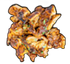 Cooked, seasoned chicken pieces, likely grilled or fried, on a black background.