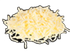 Shredded cheese, yellow-white, on a dark surface.