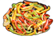 Sliced, sauteed bell peppers; red, green, and yellow, in a black pan.