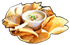 Chips and creamy dip in a white bowl, surrounded by golden-brown tortilla chips on black background.