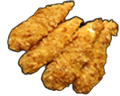 Crispy golden-brown chicken tenders on a black surface.