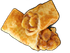 Two golden-brown egg rolls filled with a visible, brown, fruit filling, against a black background.