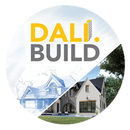 DALI BUILD logo with architectural sketch and completed home image, over a gray and yellow circular background.