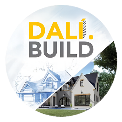 DALI Build logo with a split design. One side is a house blueprint, the other is a finished house.