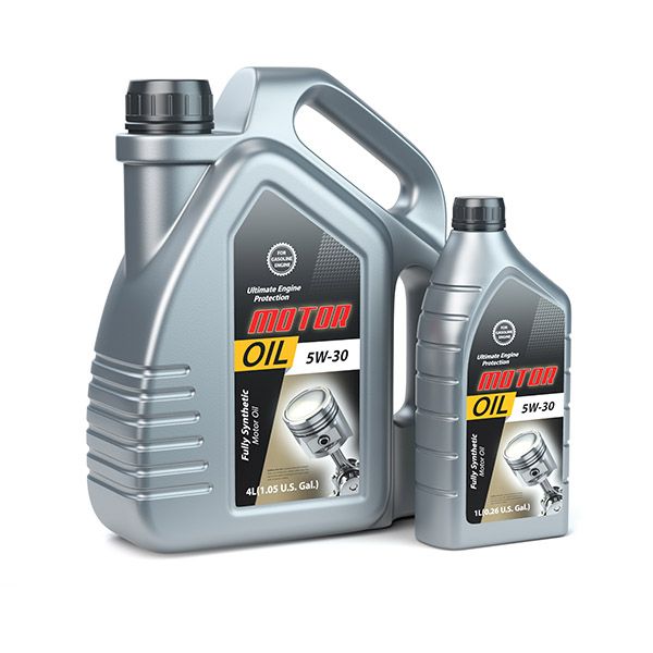 Two silver motor oil containers with black caps and red labels on a white background